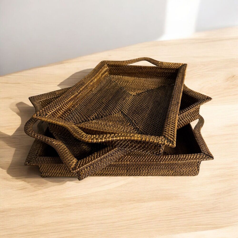 Rattan Wicker Handwoven Wood SET OF‎ 3 Stacking Serving Tray With Handles